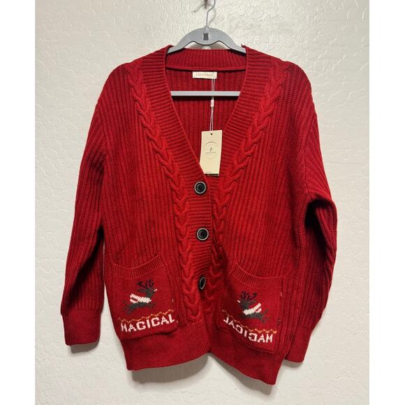 Christmas Red Button Cardigan Sweater Magical Reindeer NEW - Picture 1 of 5